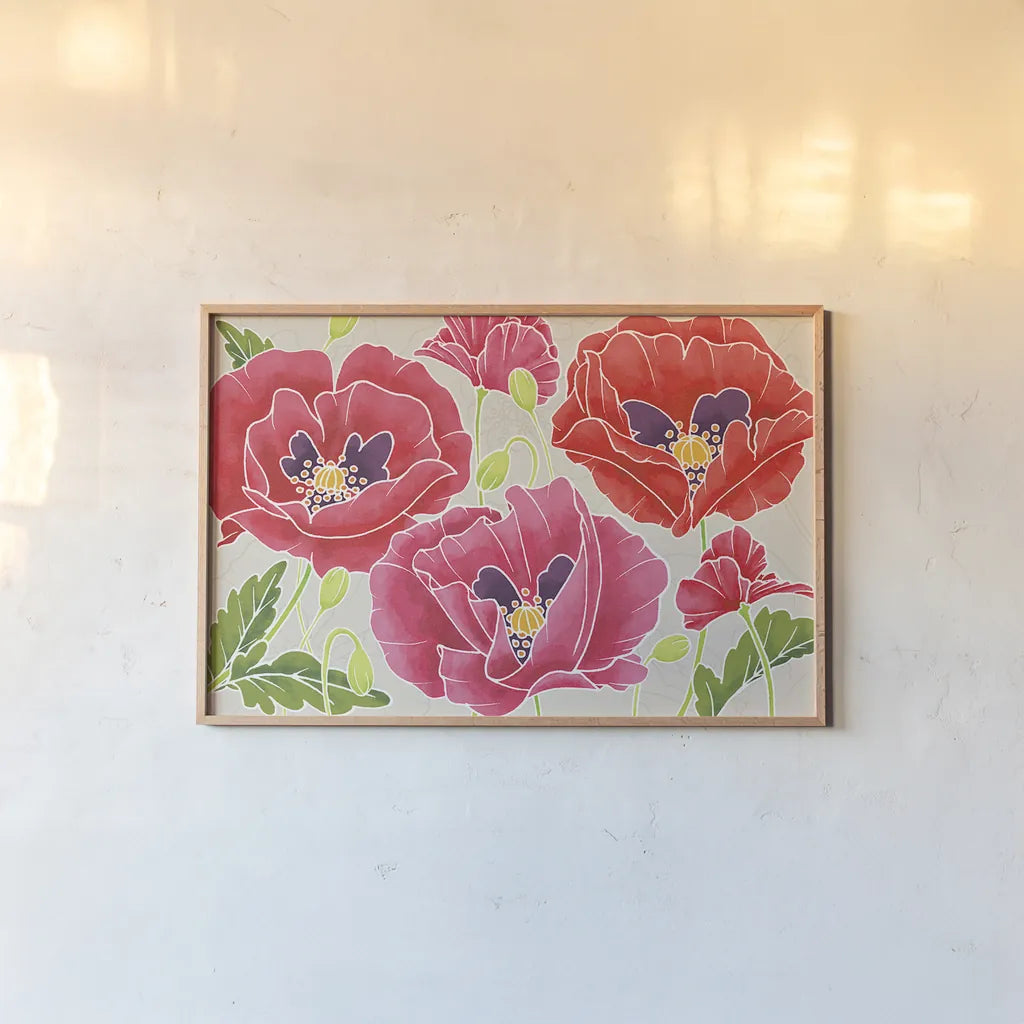 Sunshine Poppies by Wild Apple Portfolio. shown as a paper print in a natural frame. Available as a archival giclee rolled canvas, fine art paper, or poster print. SKU 19603i.