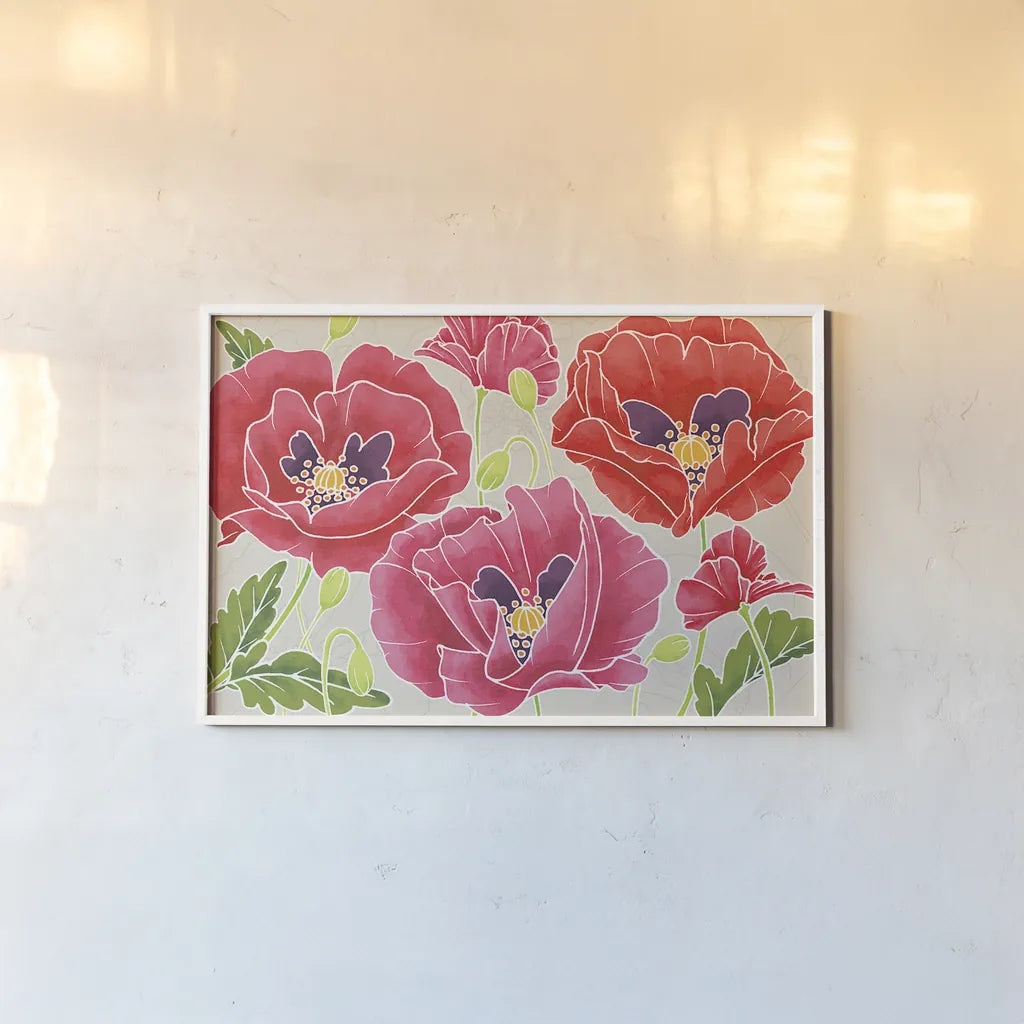 Sunshine Poppies by Wild Apple Portfolio. shown as a paper print in a white frame. Available as a archival giclee rolled canvas, fine art paper, or poster print. SKU 19603i.
