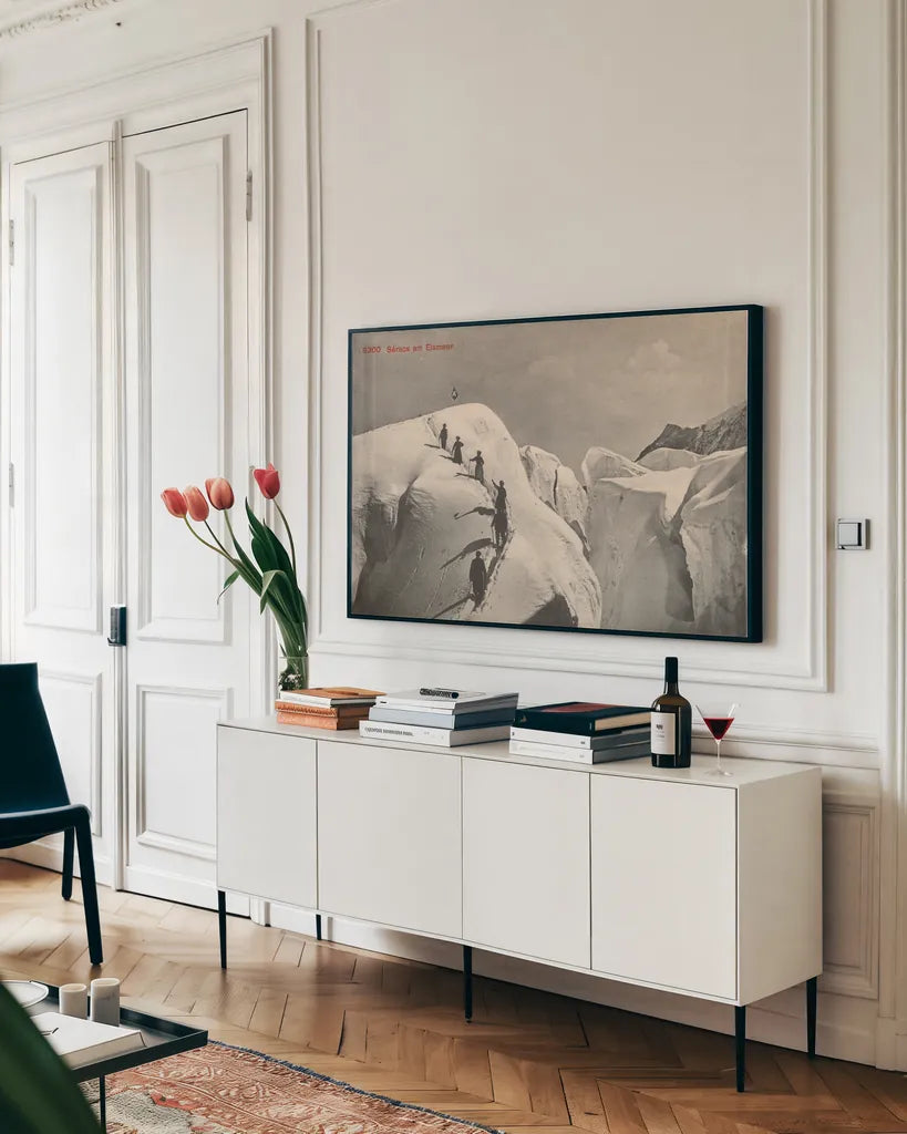 Swiss Alps Summit by Wild Apple Portfolio. shown as a framed stretched canvas in a living room above a console. Available as a archival giclee rolled canvas, fine art paper, or poster print. SKU 70705i.