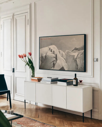 Swiss Alps Summit by Wild Apple Portfolio. shown as a framed stretched canvas in a living room above a console. Available as a archival giclee rolled canvas, fine art paper, or poster print. SKU 70705i.