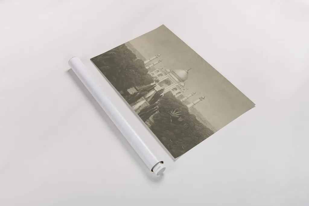 Taj Mahal Postcard II by Wild Apple Portfolio. shown as a rolled paper print. Available as archival giclee rolled canvas, fine art paper, or poster print. SKU 82640i.