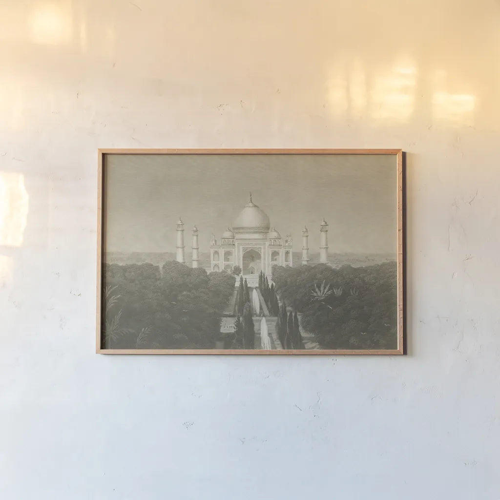 Taj Mahal Postcard II by Wild Apple Portfolio. shown as a paper print in a natural frame. Available as a archival giclee rolled canvas, fine art paper, or poster print. SKU 82640i.