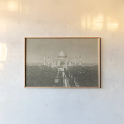 Taj Mahal Postcard II by Wild Apple Portfolio. shown as a paper print in a natural frame. Available as a archival giclee rolled canvas, fine art paper, or poster print. SKU 82640i.
