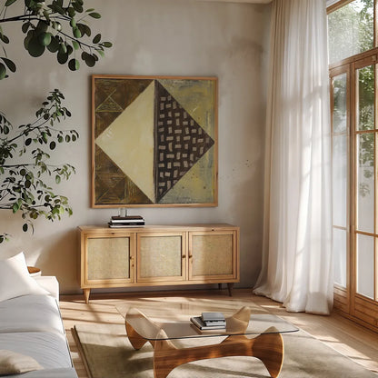 Tapestry II B by Wild Apple Portfolio. Shown in a natural wood frame in a cozy modern living room. Available as an archival giclee rolled canvas, fine art paper, or poster print. SKU 24504a.
