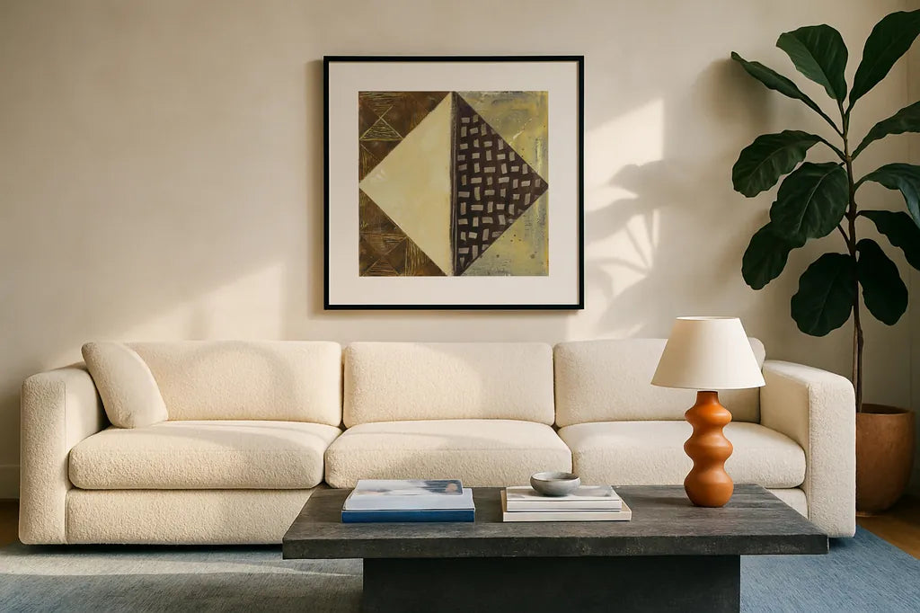 Tapestry II B by Wild Apple Portfolio. Displayed in a glass frame with matte in a clean modern living room. Available as an archival giclee rolled canvas, fine art paper, or poster print. SKU 24504a.