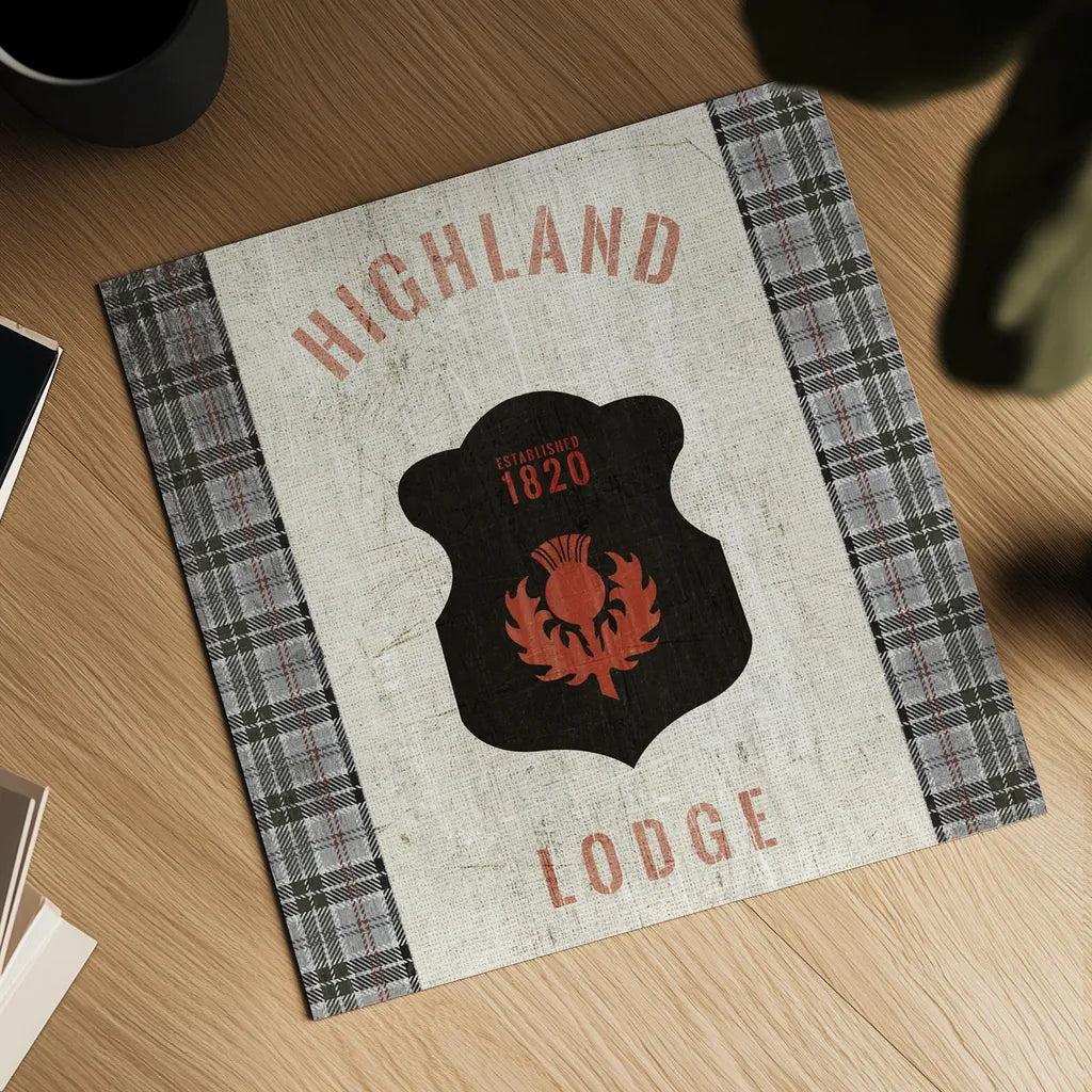 Tartan Lodge Shield I by Wild Apple Portfolio. Shown as a detailed flat fine art print, highlighting archival giclee quality. Available as an archival giclee rolled canvas, fine art paper, or poster print. SKU 50336a.
