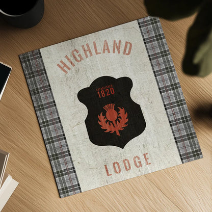 Tartan Lodge Shield I by Wild Apple Portfolio. Shown as a detailed flat fine art print, highlighting archival giclee quality. Available as an archival giclee rolled canvas, fine art paper, or poster print. SKU 50336a.
