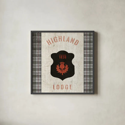 Tartan Lodge Shield I by Wild Apple Portfolio. Shown in a sleek black glass frame for a contemporary gallery look. Available as an archival giclee rolled canvas, fine art paper, or poster print. SKU 50336a.