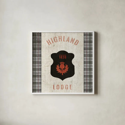 Tartan Lodge Shield I by Wild Apple Portfolio. Shown in a crisp white glass frame for a clean and minimalist style. Available as an archival giclee rolled canvas, fine art paper, or poster print. SKU 50336a.