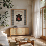 Tartan Lodge Shield I by Wild Apple Portfolio. Shown in a natural wood frame in a cozy modern living room. Available as an archival giclee rolled canvas, fine art paper, or poster print. SKU 50336a.
