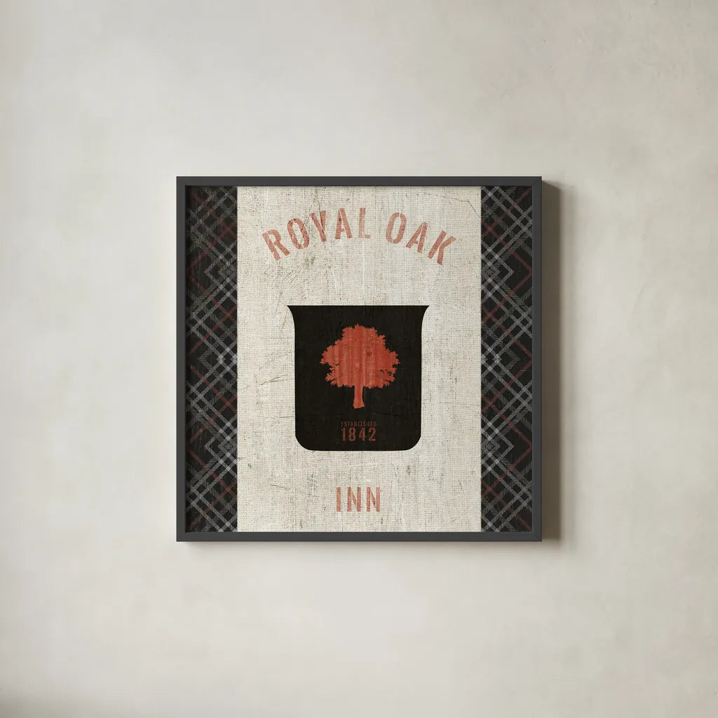 Tartan Lodge Shield II by Wild Apple Portfolio. Shown in a sleek black glass frame for a contemporary gallery look. Available as an archival giclee rolled canvas, fine art paper, or poster print. SKU 50337a.