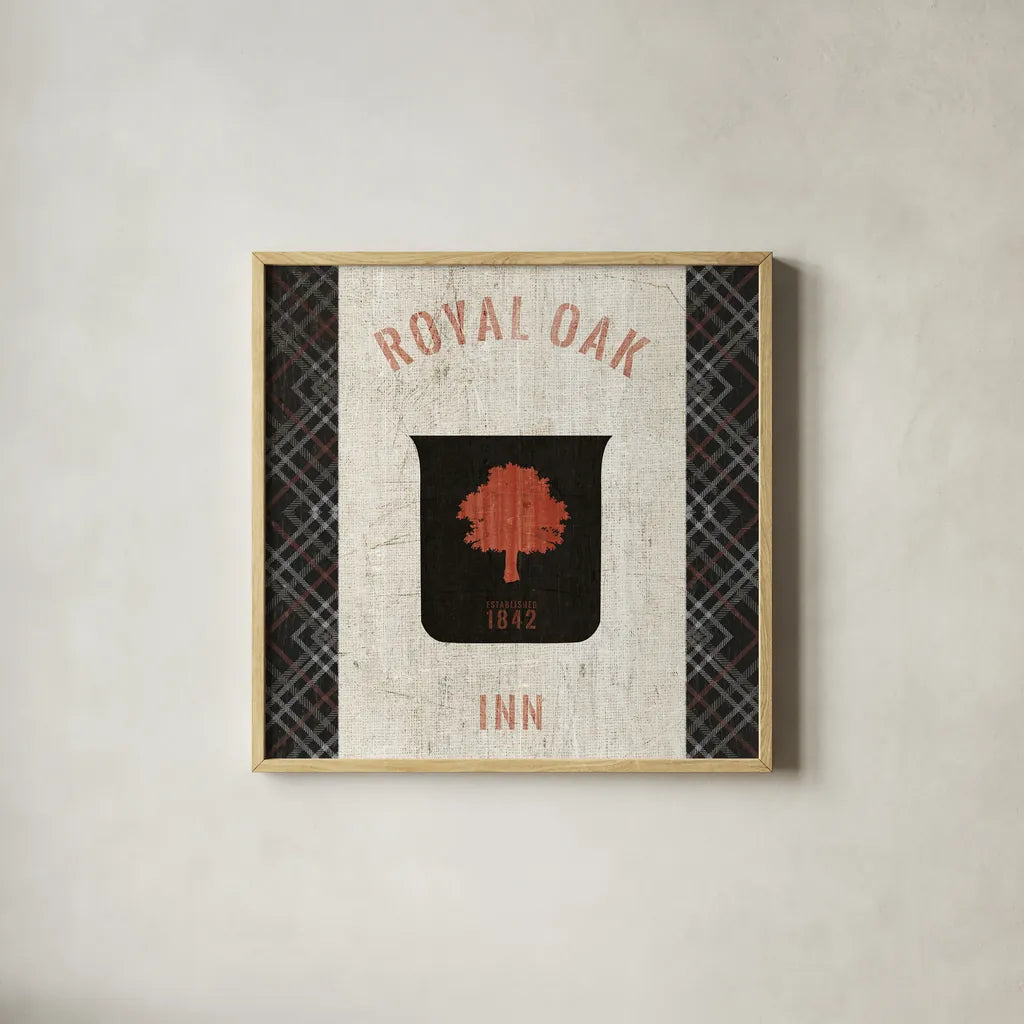 Tartan Lodge Shield II by Wild Apple Portfolio. Shown in a natural wood glass frame for a timeless modern aesthetic. Available as an archival giclee rolled canvas, fine art paper, or poster print. SKU 50337a.