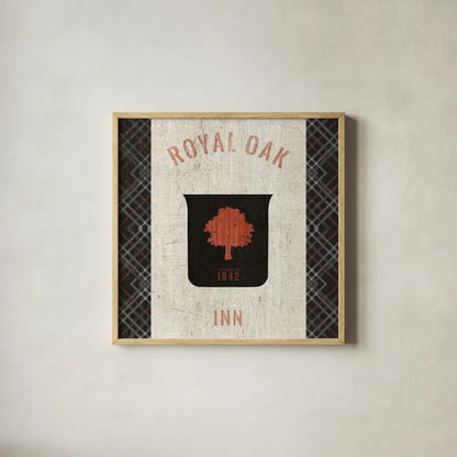 Tartan Lodge Shield II by Wild Apple Portfolio. Shown in a natural wood glass frame for a timeless modern aesthetic. Available as an archival giclee rolled canvas, fine art paper, or poster print. SKU 50337a.