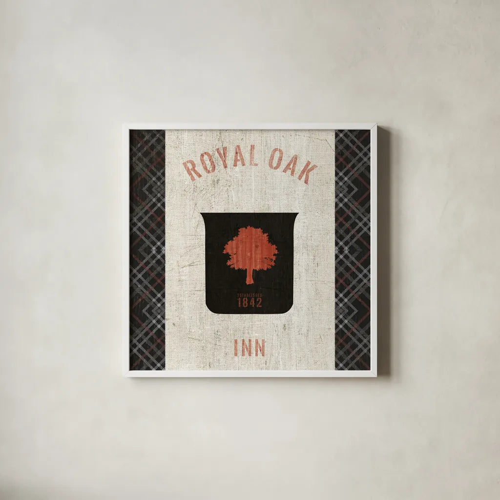 Tartan Lodge Shield II by Wild Apple Portfolio. Shown in a crisp white glass frame for a clean and minimalist style. Available as an archival giclee rolled canvas, fine art paper, or poster print. SKU 50337a.