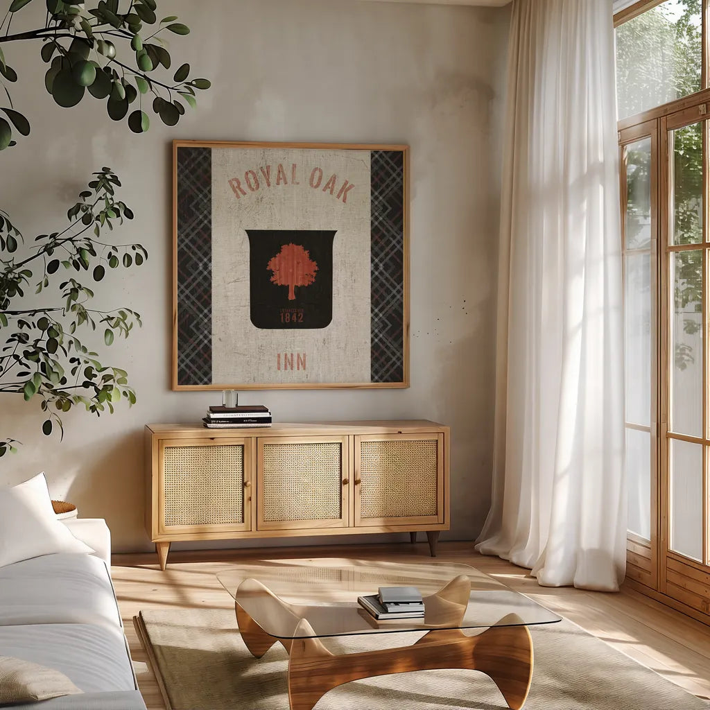 Tartan Lodge Shield II by Wild Apple Portfolio. Shown in a natural wood frame in a cozy modern living room. Available as an archival giclee rolled canvas, fine art paper, or poster print. SKU 50337a.