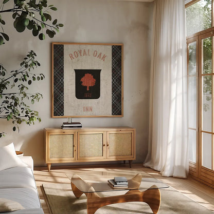 Tartan Lodge Shield II by Wild Apple Portfolio. Shown in a natural wood frame in a cozy modern living room. Available as an archival giclee rolled canvas, fine art paper, or poster print. SKU 50337a.