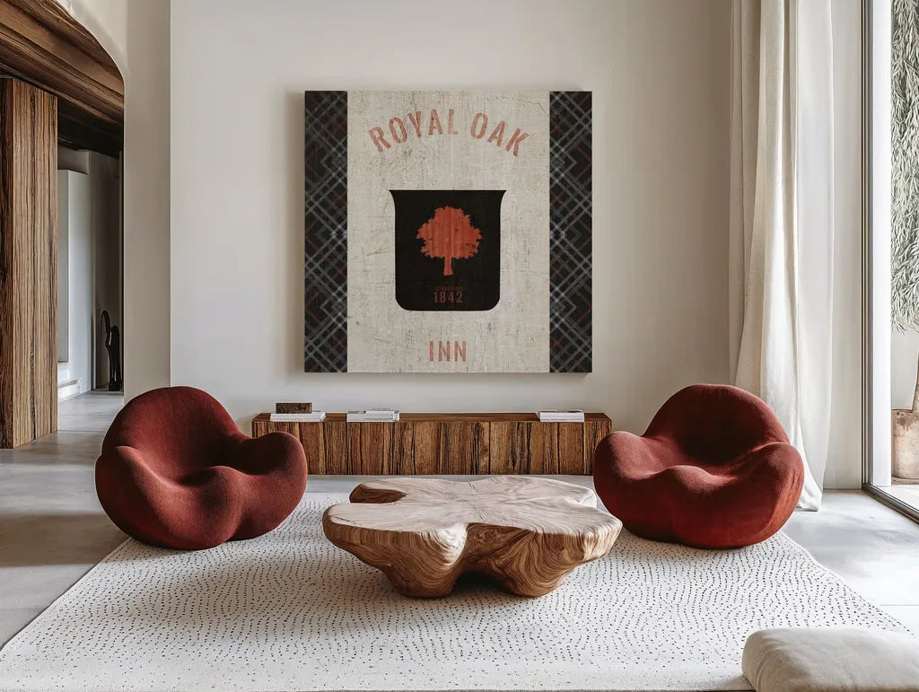Tartan Lodge Shield II by Wild Apple Portfolio. Shown as extra-large giant wall art in a modern living room. Available as an archival giclee rolled canvas, fine art paper, or poster print. SKU 50337a.