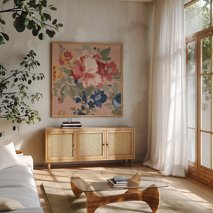 Terra Garden I by Wild Apple Portfolio. Shown in a natural wood frame in a cozy modern living room. Available as an archival giclee rolled canvas, fine art paper, or poster print. SKU 57190a.