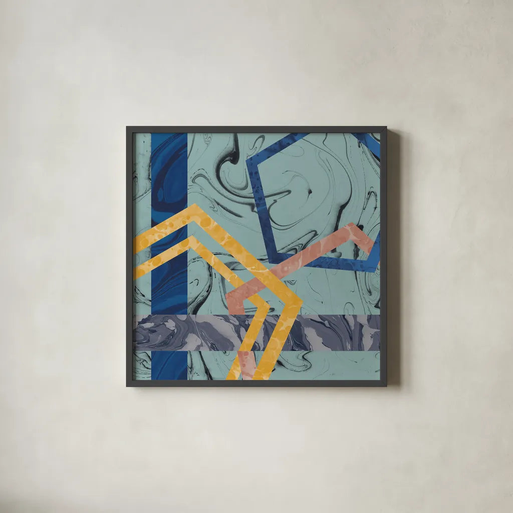 Terrazzo I Blue by Wild Apple Portfolio. Shown in a sleek black glass frame for a contemporary gallery look. Available as an archival giclee rolled canvas, fine art paper, or poster print. SKU 51933a.