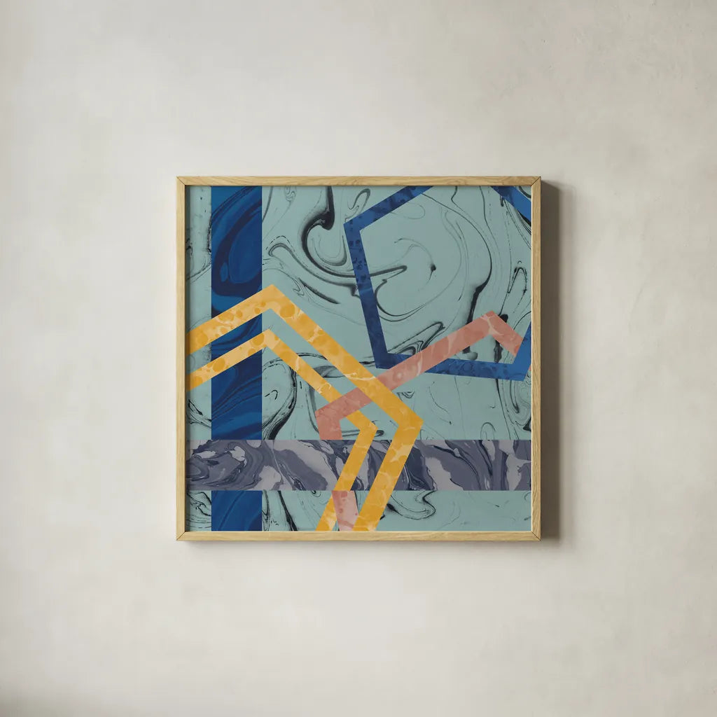 Terrazzo I Blue by Wild Apple Portfolio. Shown in a natural wood glass frame for a timeless modern aesthetic. Available as an archival giclee rolled canvas, fine art paper, or poster print. SKU 51933a.