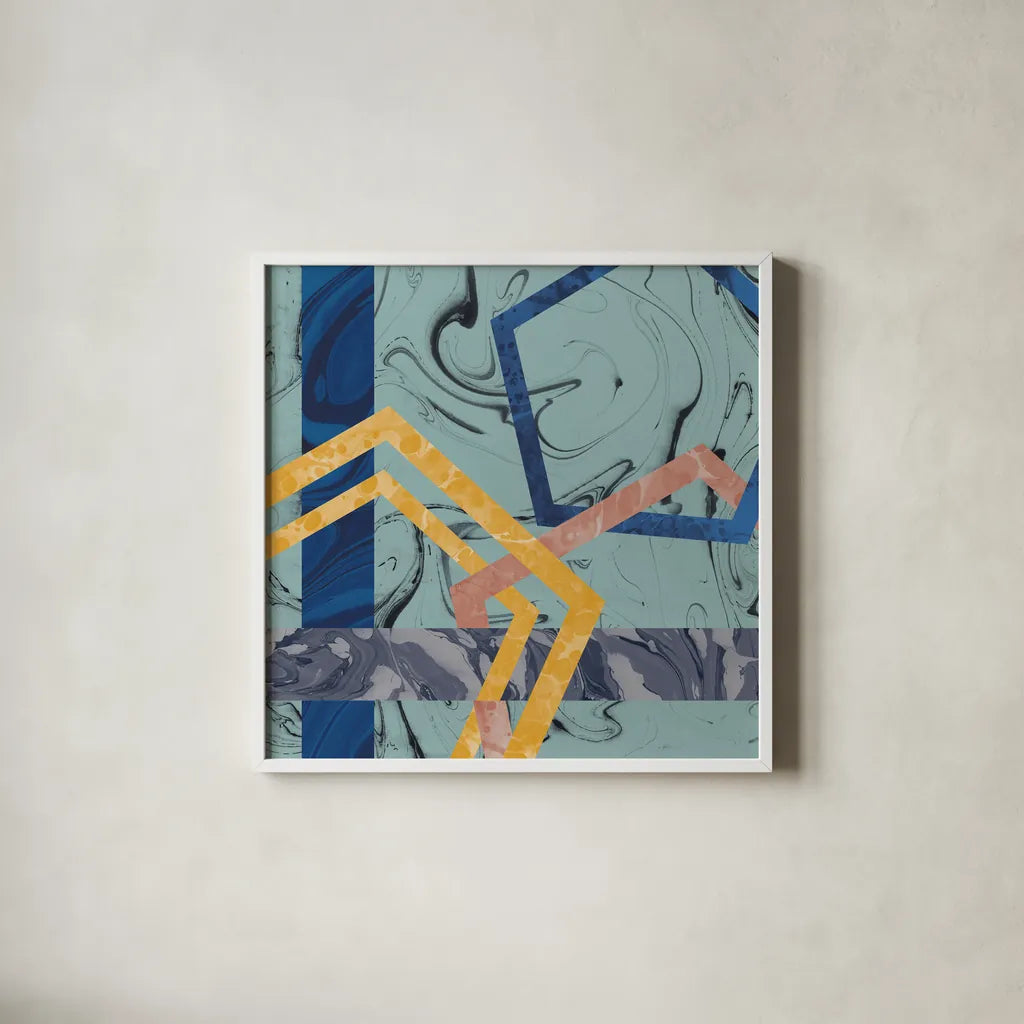 Terrazzo I Blue by Wild Apple Portfolio. Shown in a crisp white glass frame for a clean and minimalist style. Available as an archival giclee rolled canvas, fine art paper, or poster print. SKU 51933a.