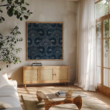 Textile Pattern I by Wild Apple Portfolio. Shown in a natural wood frame in a cozy modern living room. Available as an archival giclee rolled canvas, fine art paper, or poster print. SKU 86354a.