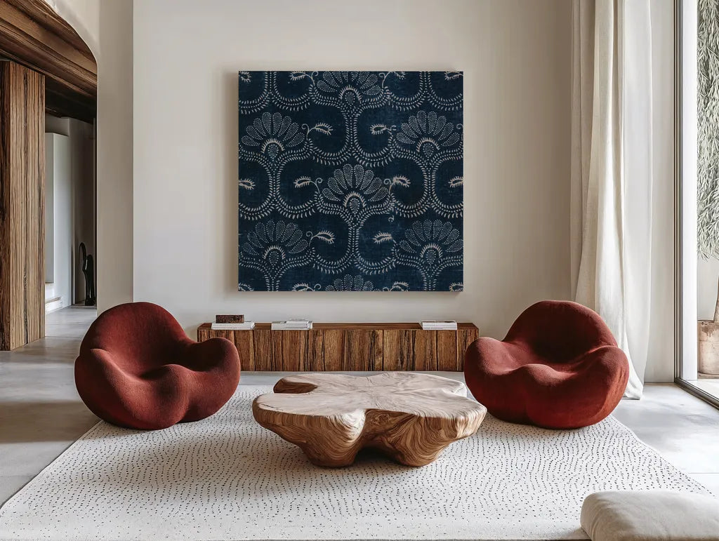 Textile Pattern I by Wild Apple Portfolio. Shown as extra-large giant wall art in a modern living room. Available as an archival giclee rolled canvas, fine art paper, or poster print. SKU 86354a.