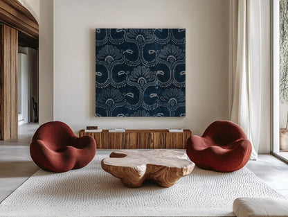 Textile Pattern I by Wild Apple Portfolio. Shown as extra-large giant wall art in a modern living room. Available as an archival giclee rolled canvas, fine art paper, or poster print. SKU 86354a.