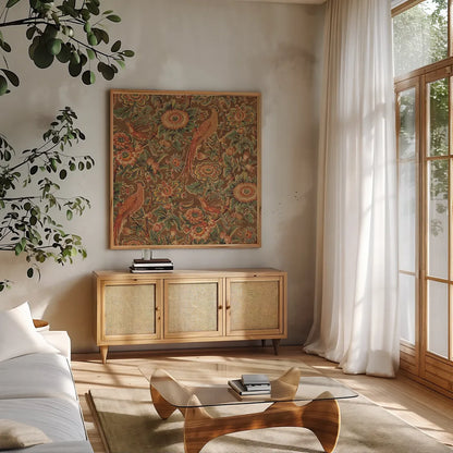 Textile Pattern III by Wild Apple Portfolio. Shown in a natural wood frame in a cozy modern living room. Available as an archival giclee rolled canvas, fine art paper, or poster print. SKU 86356a.