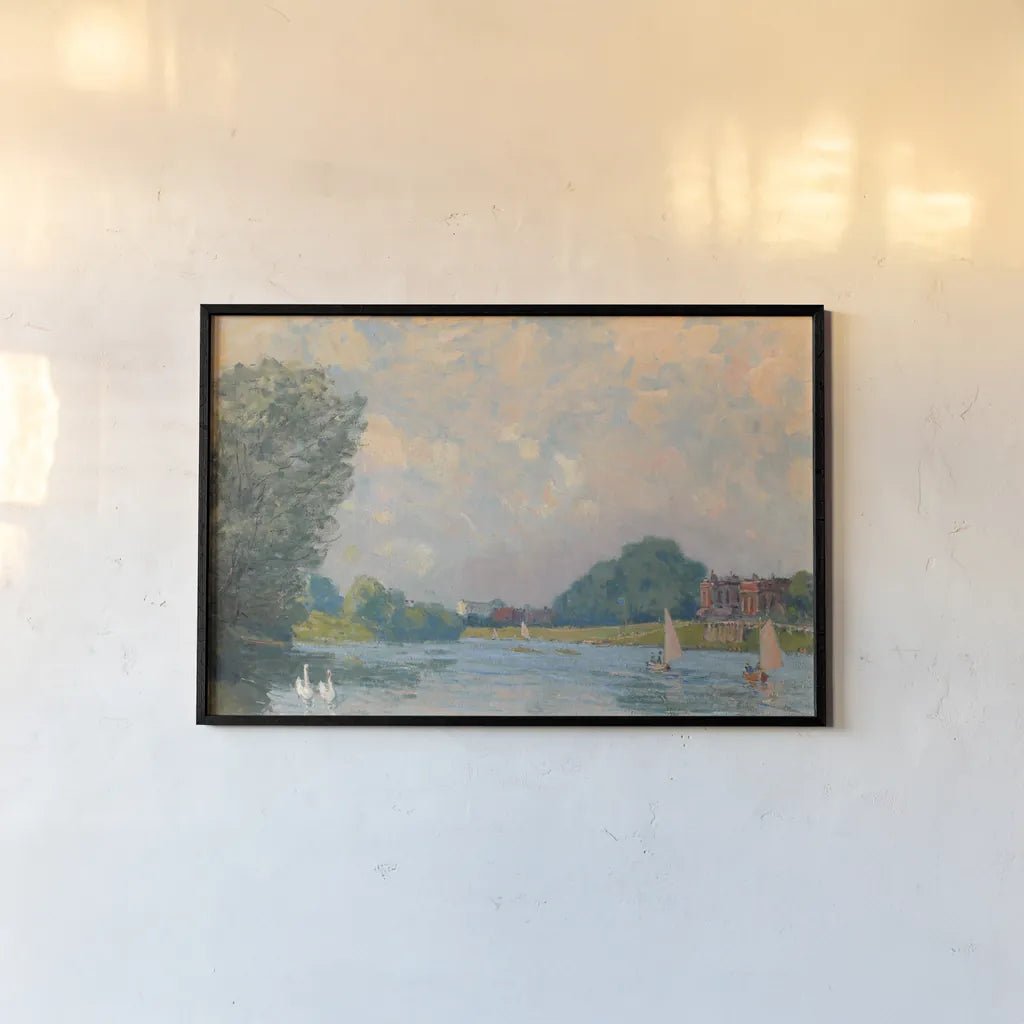 The Thames at Hampton Court by Wild Apple Portfolio. shown as a paper print in a black flame. Available as a archival giclee rolled canvas, fine art paper, or poster print. SKU 102479i.