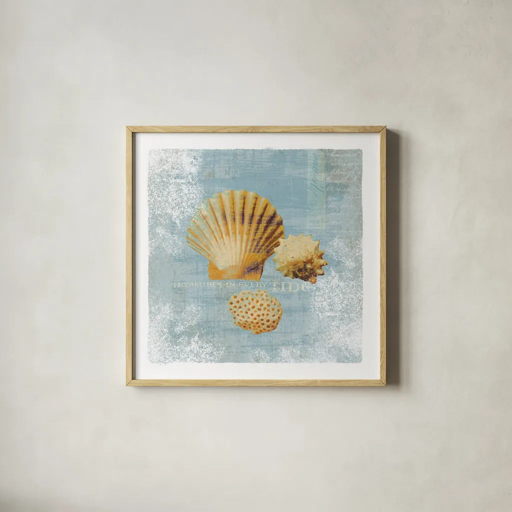 Tidal Treasures by Wild Apple Portfolio. Shown in a natural wood glass frame for a timeless modern aesthetic. Available as an archival giclee rolled canvas, fine art paper, or poster print. SKU 3354a.