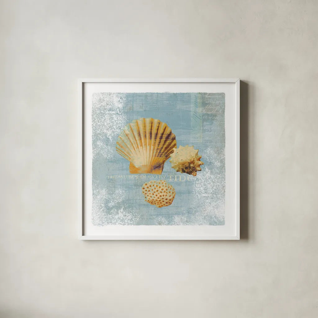 Tidal Treasures by Wild Apple Portfolio. Shown in a crisp white glass frame for a clean and minimalist style. Available as an archival giclee rolled canvas, fine art paper, or poster print. SKU 3354a.