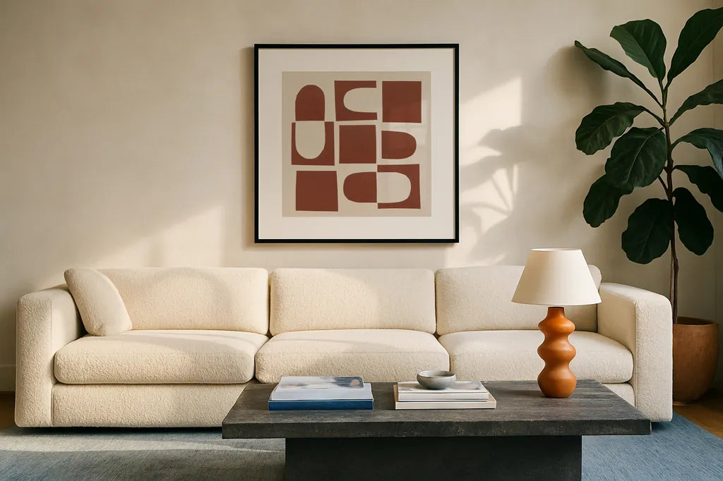 Topsy Turvy II by Wild Apple Portfolio. Displayed in a glass frame with matte in a clean modern living room. Available as an archival giclee rolled canvas, fine art paper, or poster print. SKU 80695a.
