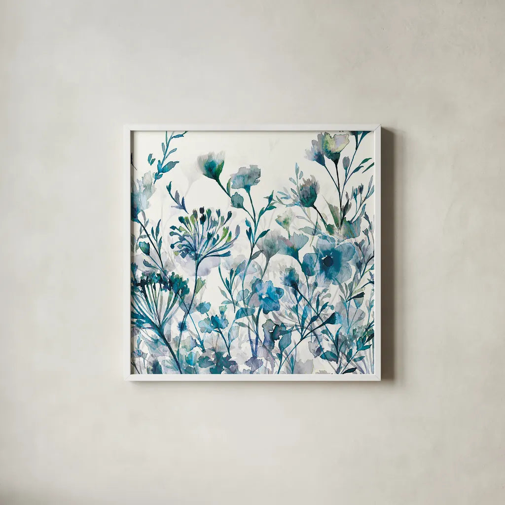 Transparent Garden Apple Green by Wild Apple Portfolio. Shown in a crisp white glass frame for a clean and minimalist style. Available as an archival giclee rolled canvas, fine art paper, or poster print. SKU 17234a.