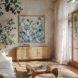 Transparent Garden Apple Green by Wild Apple Portfolio. Shown in a natural wood frame in a cozy modern living room. Available as an archival giclee rolled canvas, fine art paper, or poster print. SKU 17234a.