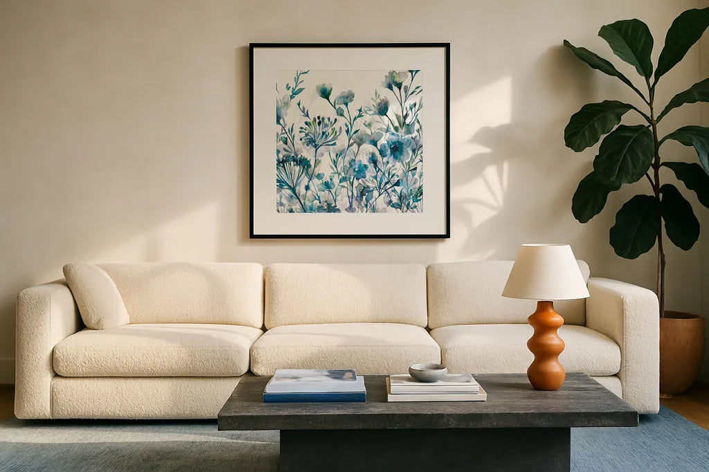 Transparent Garden Apple Green by Wild Apple Portfolio. Displayed in a glass frame with matte in a clean modern living room. Available as an archival giclee rolled canvas, fine art paper, or poster print. SKU 17234a.