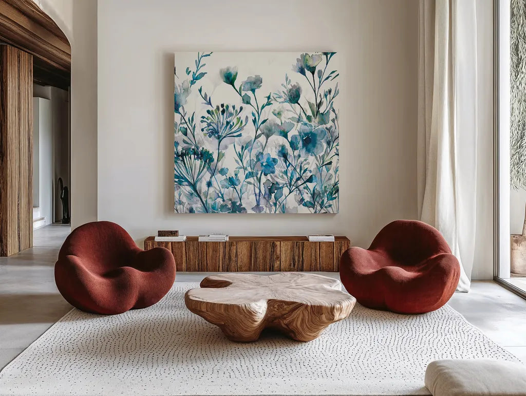 Transparent Garden Apple Green by Wild Apple Portfolio. Shown as extra-large giant wall art in a modern living room. Available as an archival giclee rolled canvas, fine art paper, or poster print. SKU 17234a.