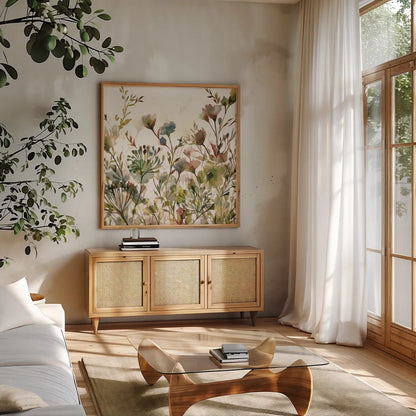 Transparent Garden Honeybloom Crop by Wild Apple Portfolio. Shown in a natural wood frame in a cozy modern living room. Available as an archival giclee rolled canvas, fine art paper, or poster print. SKU 90639a.