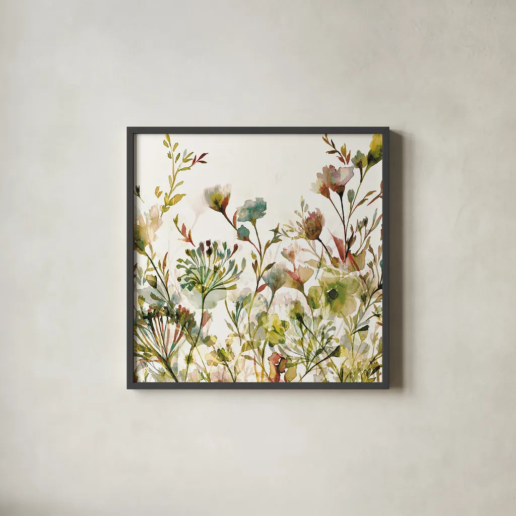 Transparent Garden Warm by Wild Apple Portfolio. Shown in a sleek black glass frame for a contemporary gallery look. Available as an archival giclee rolled canvas, fine art paper, or poster print. SKU 18747a.