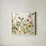 Transparent Garden Warm by Wild Apple Portfolio. Shown in a crisp white glass frame for a clean and minimalist style. Available as an archival giclee rolled canvas, fine art paper, or poster print. SKU 18747a.