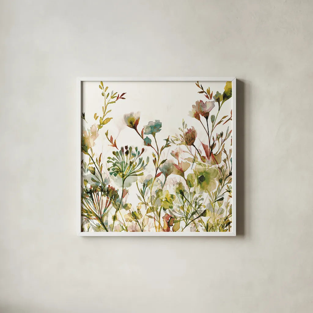 Transparent Garden Warm by Wild Apple Portfolio. Shown in a crisp white glass frame for a clean and minimalist style. Available as an archival giclee rolled canvas, fine art paper, or poster print. SKU 18747a.