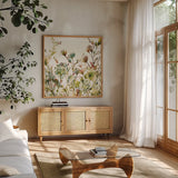 Transparent Garden Warm by Wild Apple Portfolio. Shown in a natural wood frame in a cozy modern living room. Available as an archival giclee rolled canvas, fine art paper, or poster print. SKU 18747a.