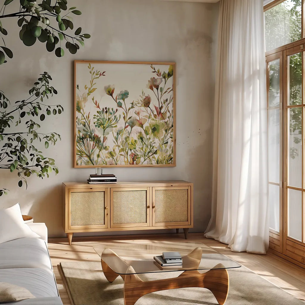 Transparent Garden Warm by Wild Apple Portfolio. Shown in a natural wood frame in a cozy modern living room. Available as an archival giclee rolled canvas, fine art paper, or poster print. SKU 18747a.