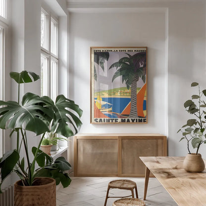 Travel Poster I by Wild Apple Portfolio. shown as a print in a natural wood frame in a dining room. Available as a archival giclee rolled canvas, fine art paper, or poster print. SKU 65647h.