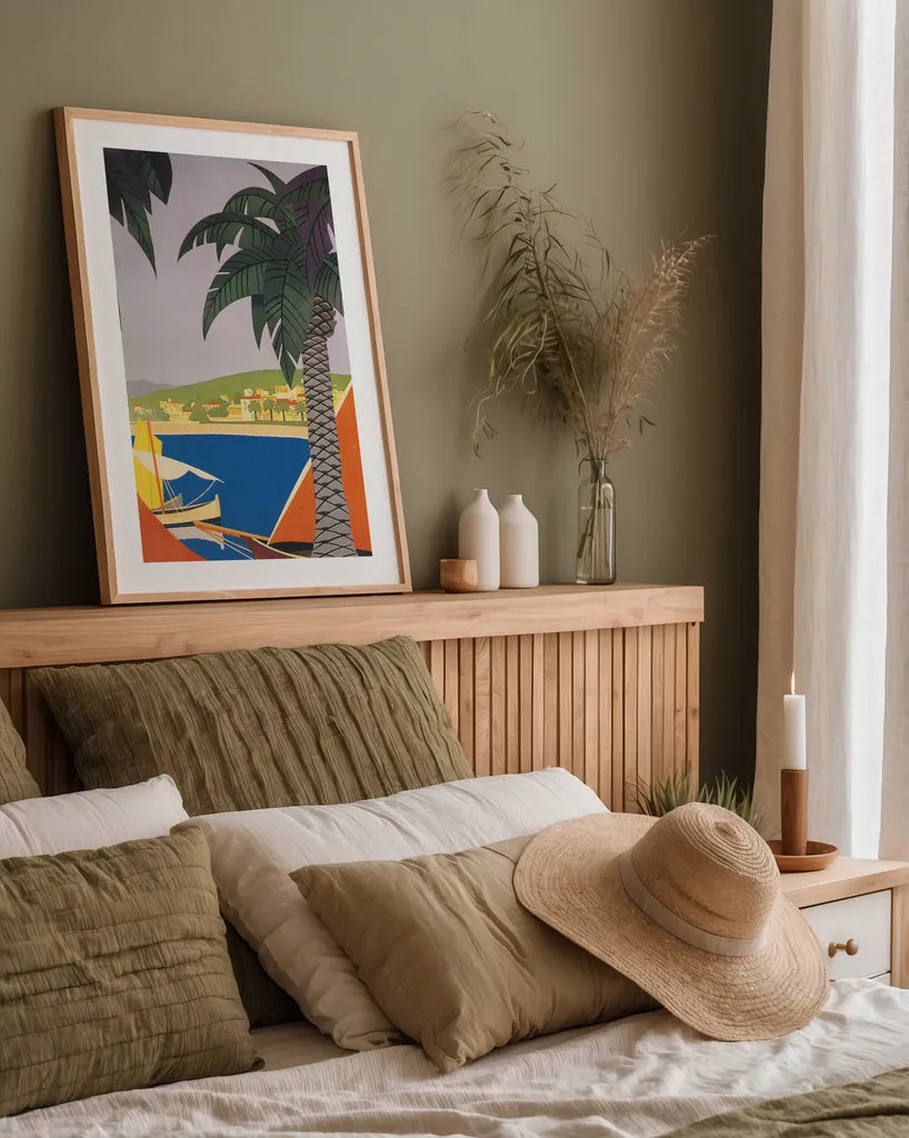 Travel Poster I by Wild Apple Portfolio. shown as a paper print in a natural frame. Available as a archival giclee rolled canvas, fine art paper, or poster print. SKU 65647h.