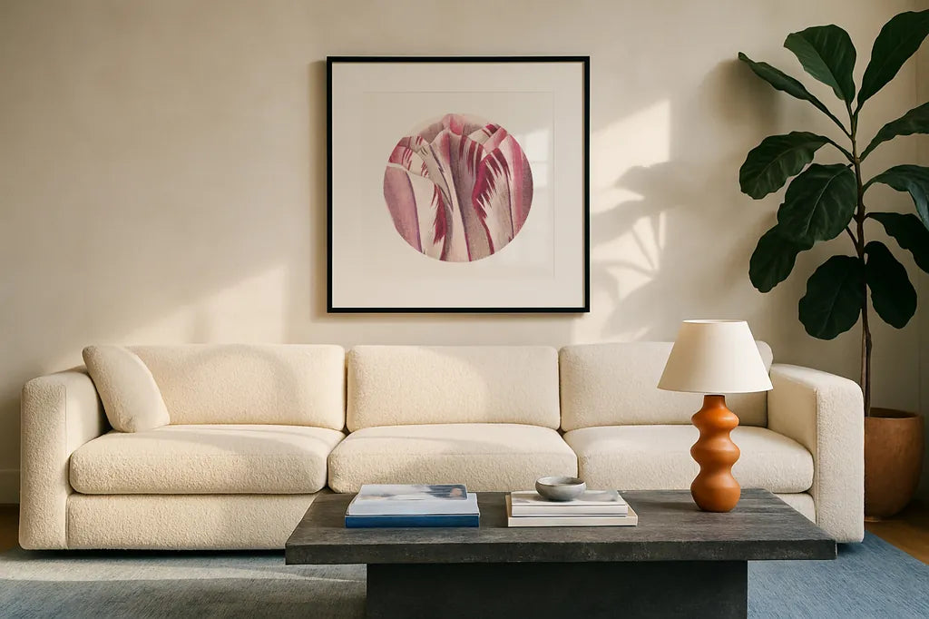 Tulips Circle by Wild Apple Portfolio. Displayed in a glass frame with matte in a clean modern living room. Available as an archival giclee rolled canvas, fine art paper, or poster print. SKU 44026a.