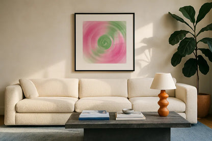 Twirling Garden II by Wild Apple Portfolio. Displayed in a glass frame with matte in a clean modern living room. Available as an archival giclee rolled canvas, fine art paper, or poster print. SKU 80713a.