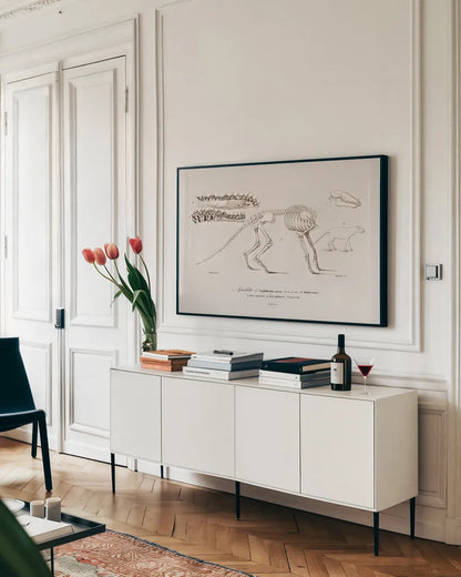 Ungulate Illustrated by Wild Apple Portfolio. shown as a framed stretched canvas in a living room above a console. Available as a archival giclee rolled canvas, fine art paper, or poster print. SKU 90315i.
