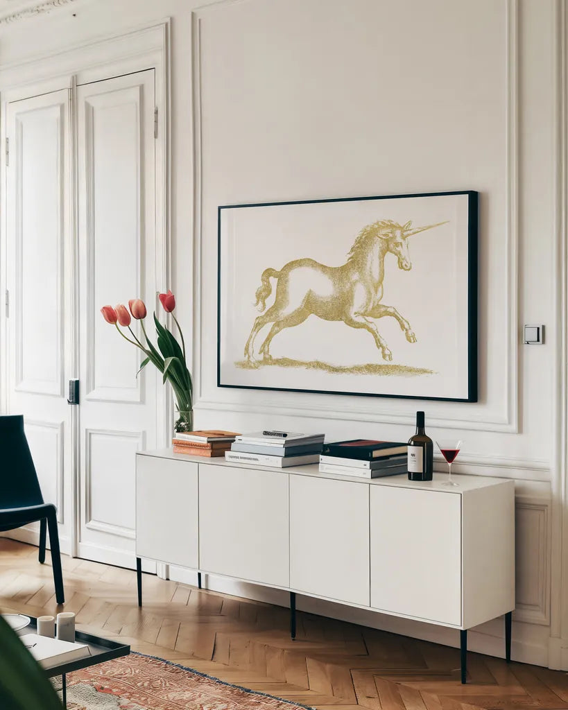 Unicorn Fantasy by Wild Apple Portfolio. shown as a framed stretched canvas in a living room above a console. Available as a archival giclee rolled canvas, fine art paper, or poster print. SKU 33800i.