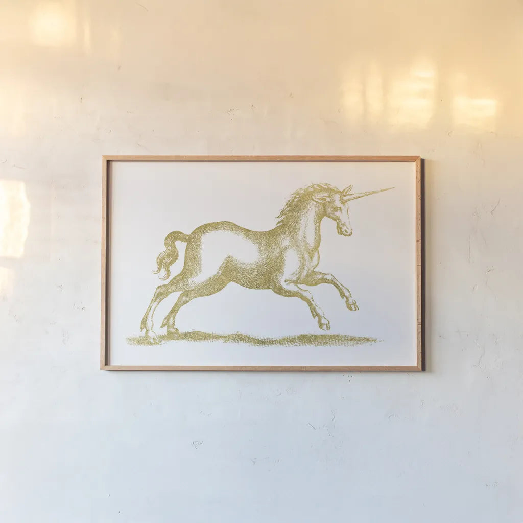 Unicorn Fantasy by Wild Apple Portfolio. shown as a paper print in a natural frame. Available as a archival giclee rolled canvas, fine art paper, or poster print. SKU 33800i.